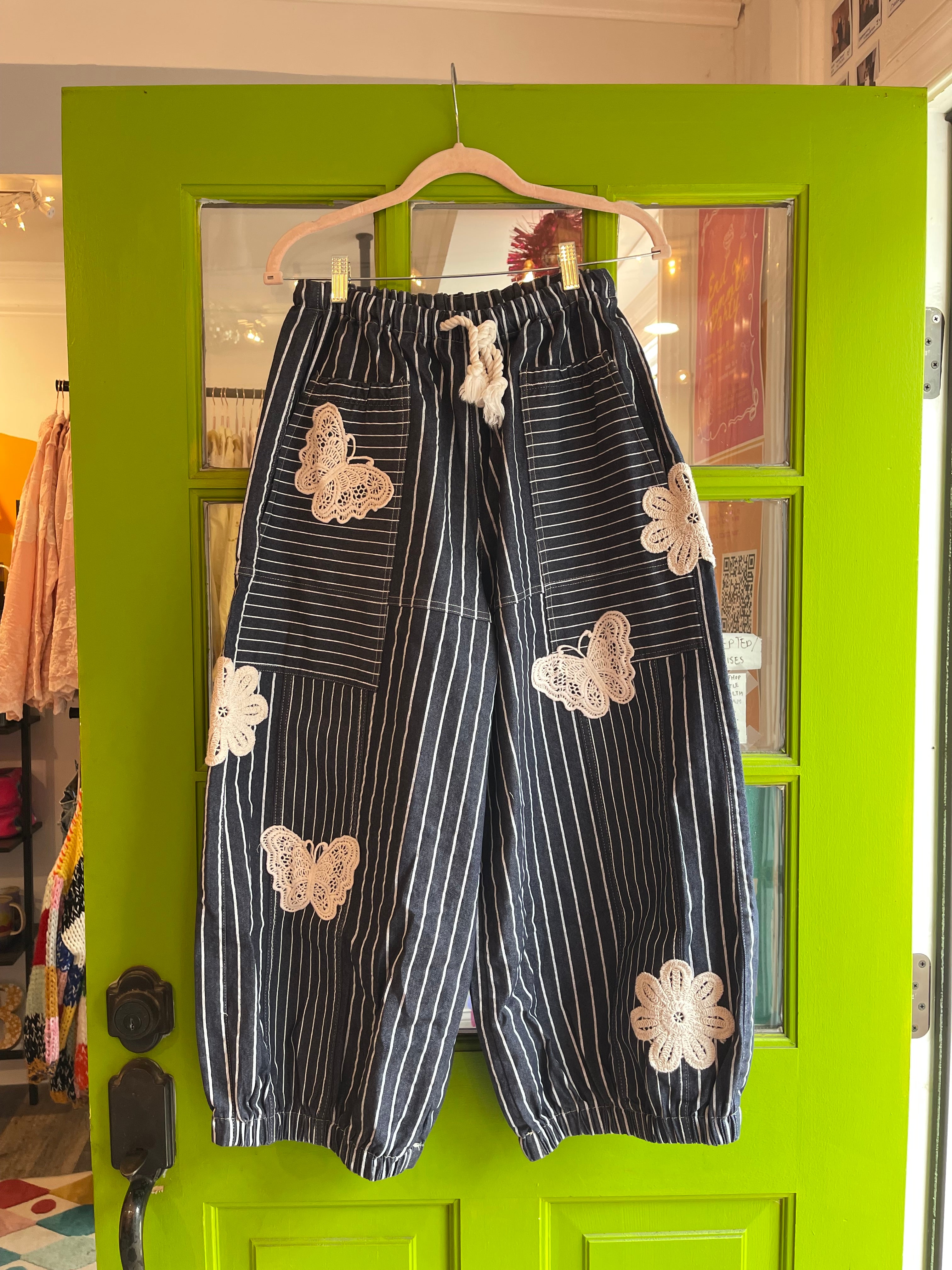 Denim Striped Applique Barrel Pants