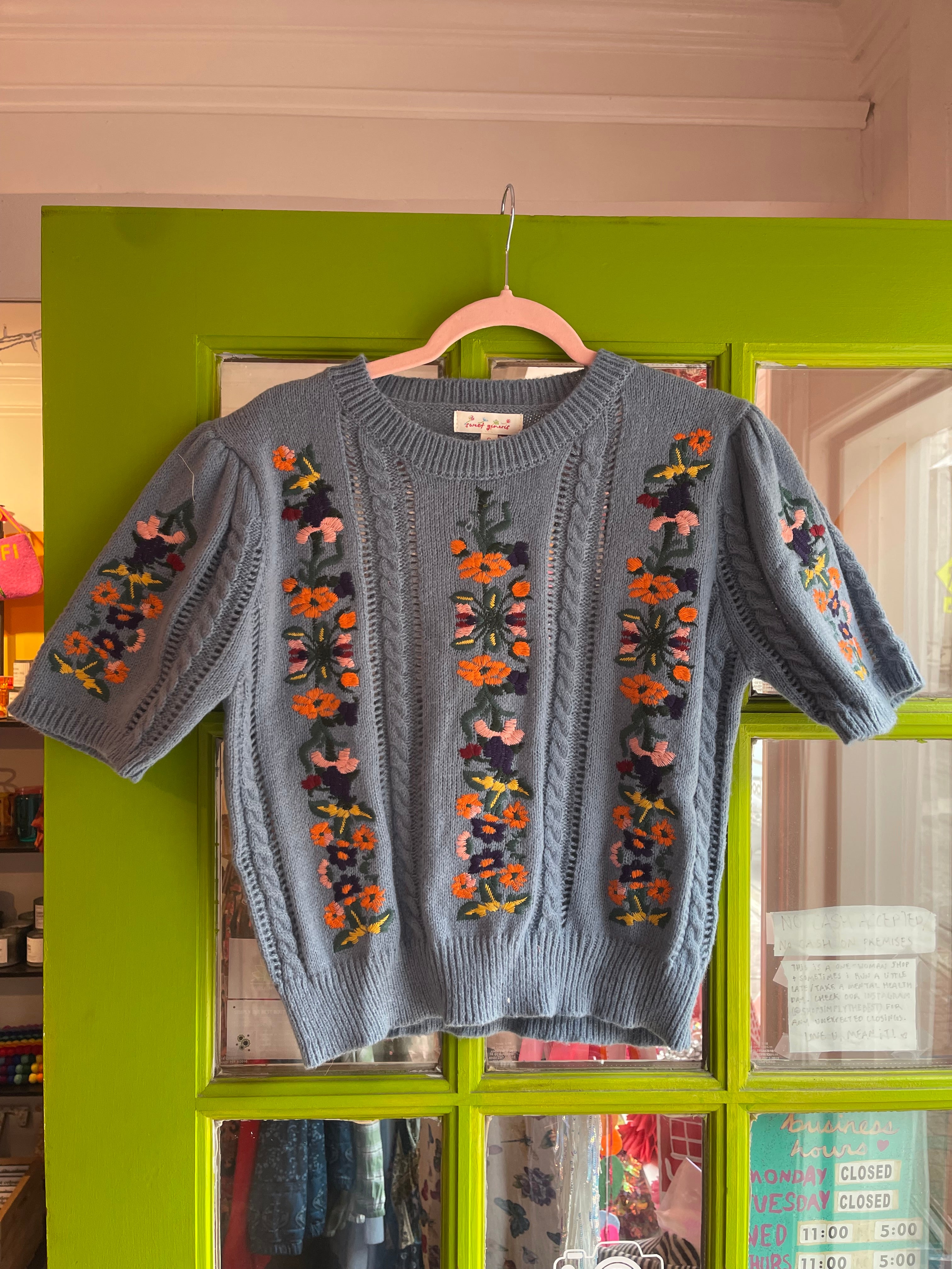 Embroidered Short Sleeve Sweater (Blue)