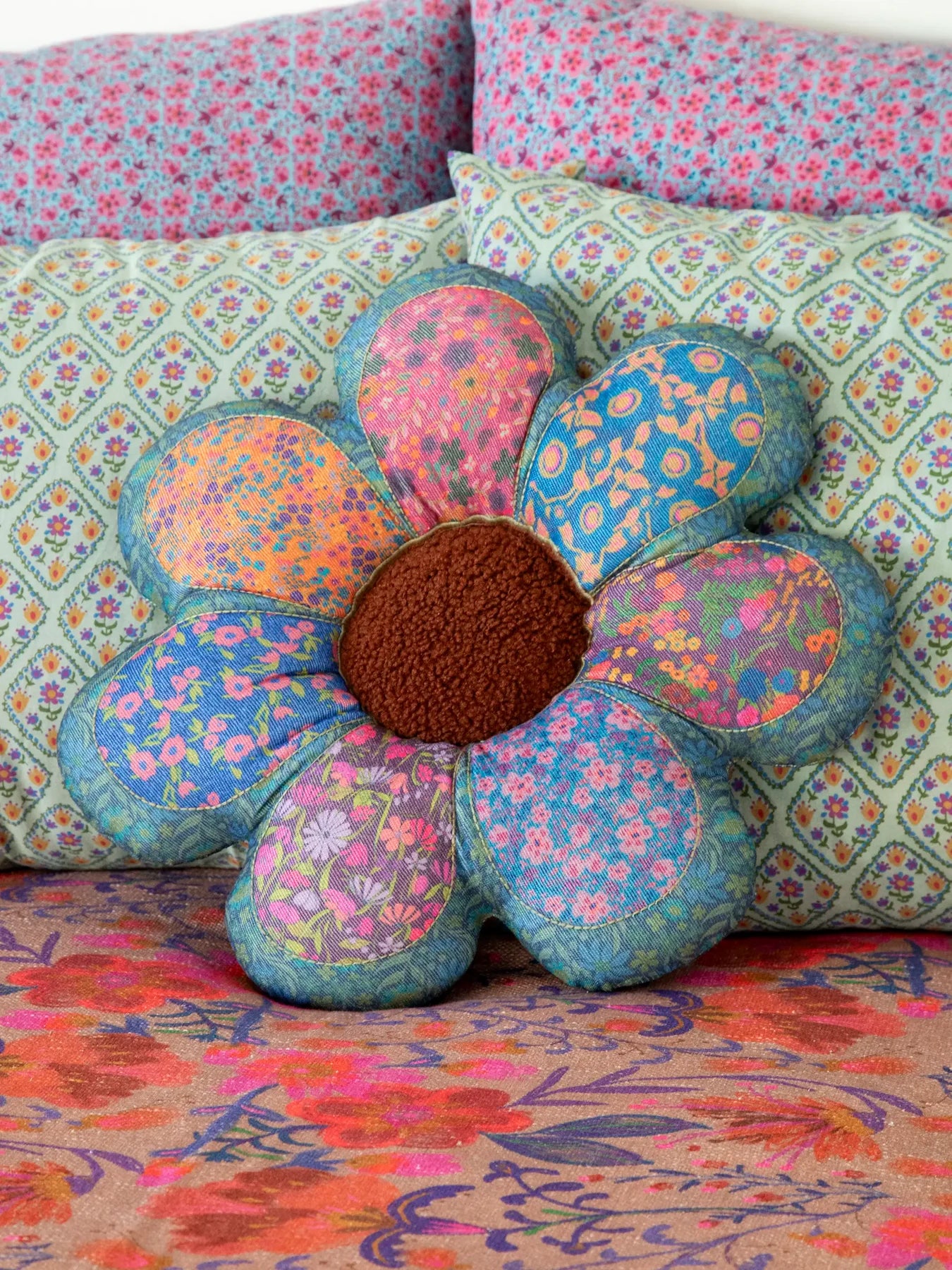 Whimsy Patchwork Pillow | Maroon Flower