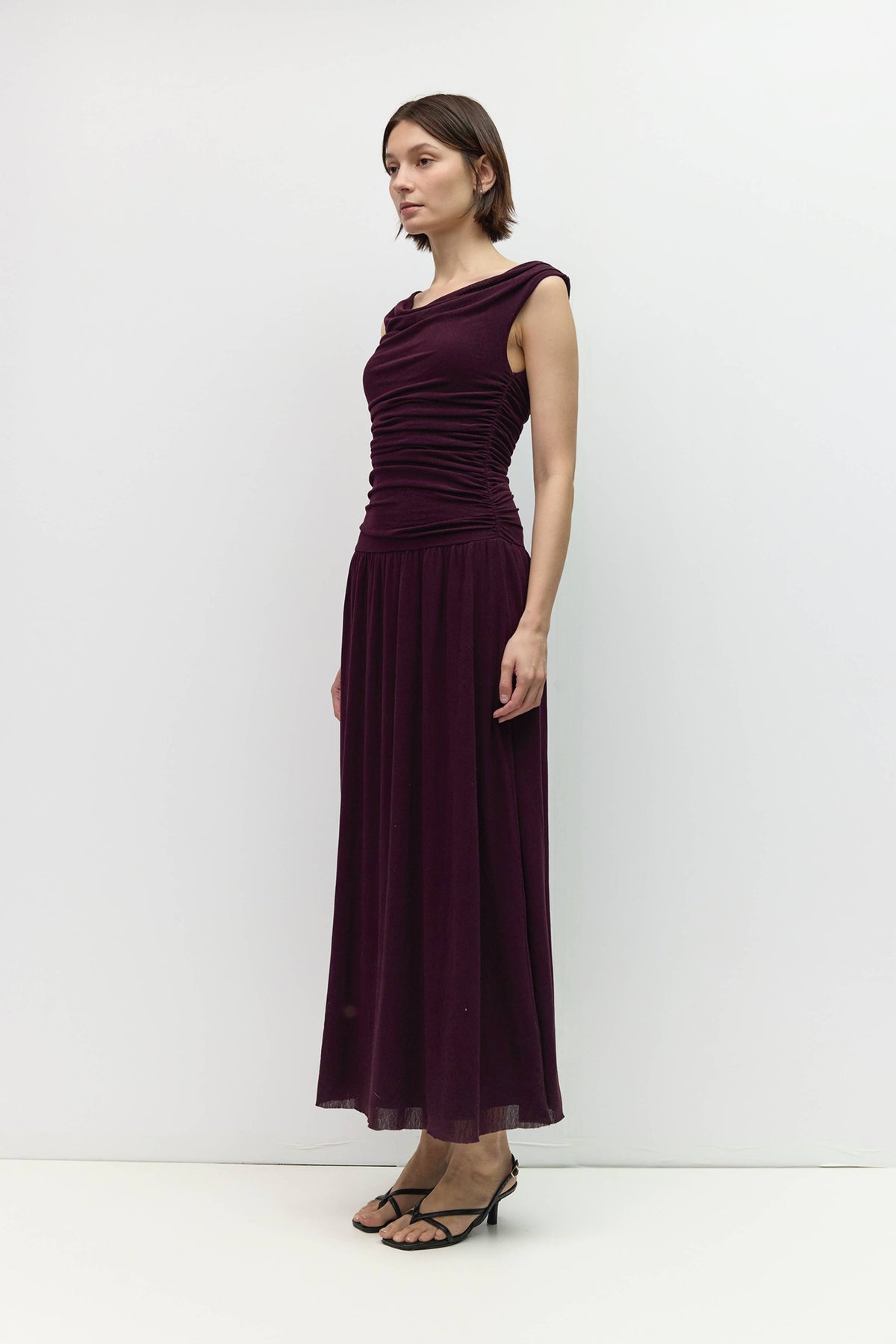The Annabelle Dress (Cowl Wide Neck Drape Mesh Midi Dress, Plum) | All Row