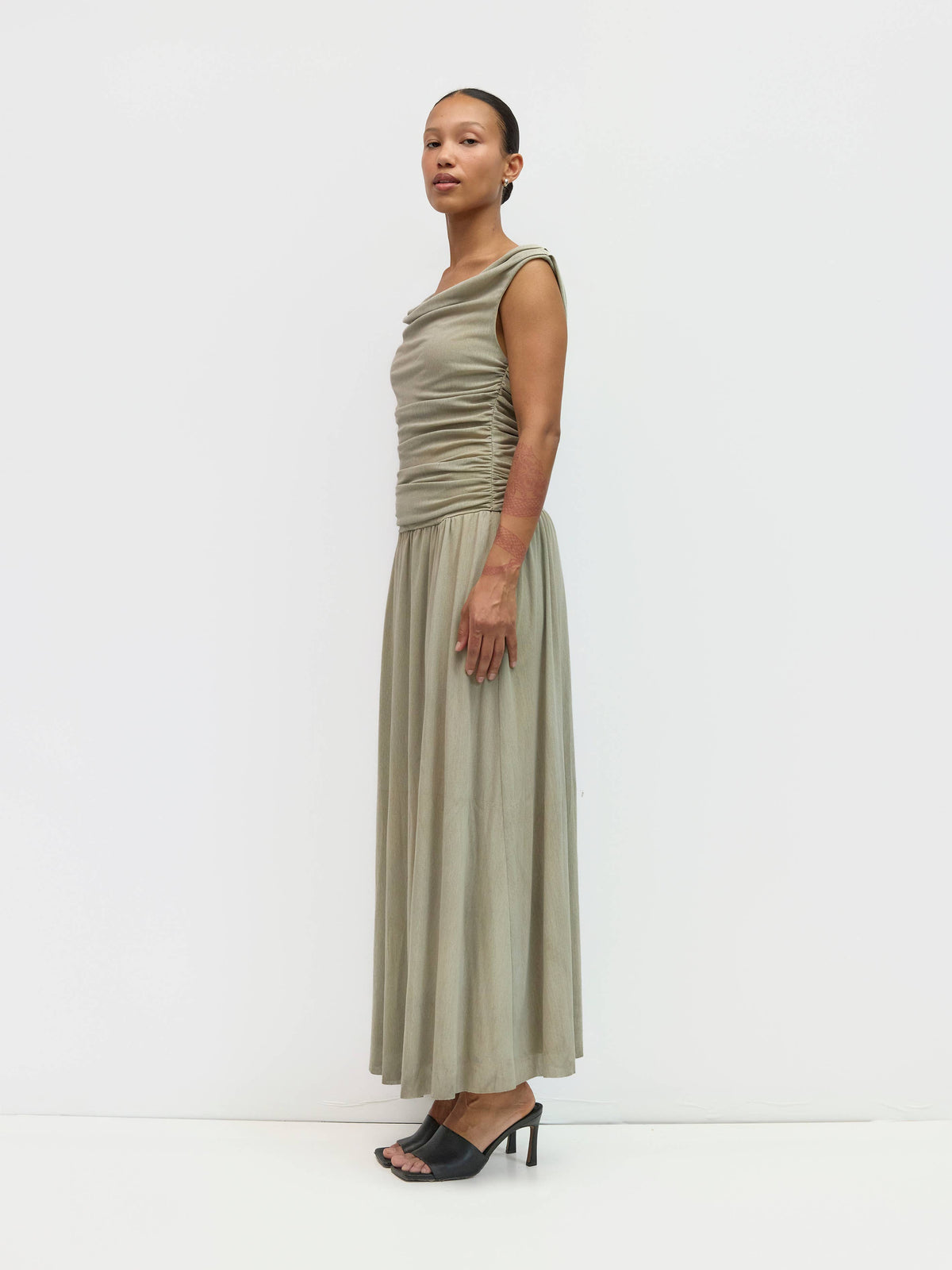 The Annabelle Dress (Cowl Wide Neck Drape Mesh Midi Dress, Taupe) | All Row
