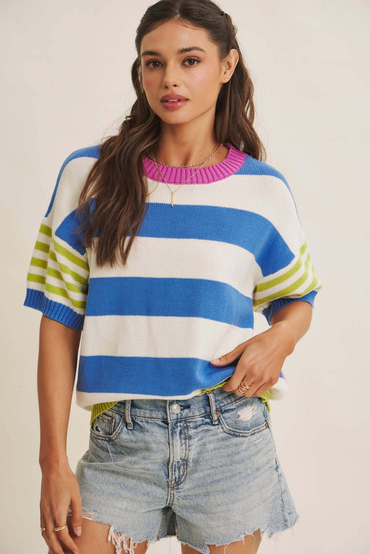Mandi Striped Short Sleeve Knit Top (Cobalt)