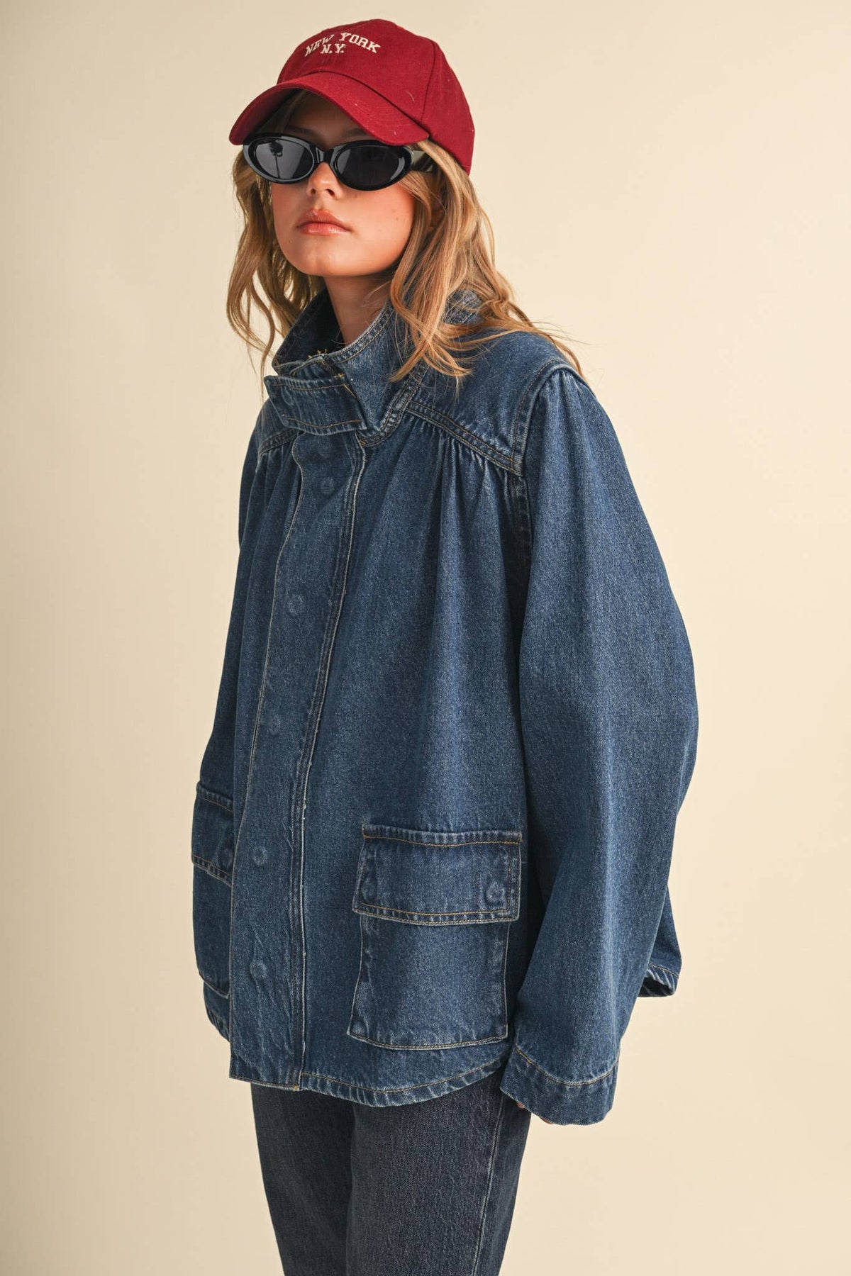 Hi-Collar Denim Utility Jacket
