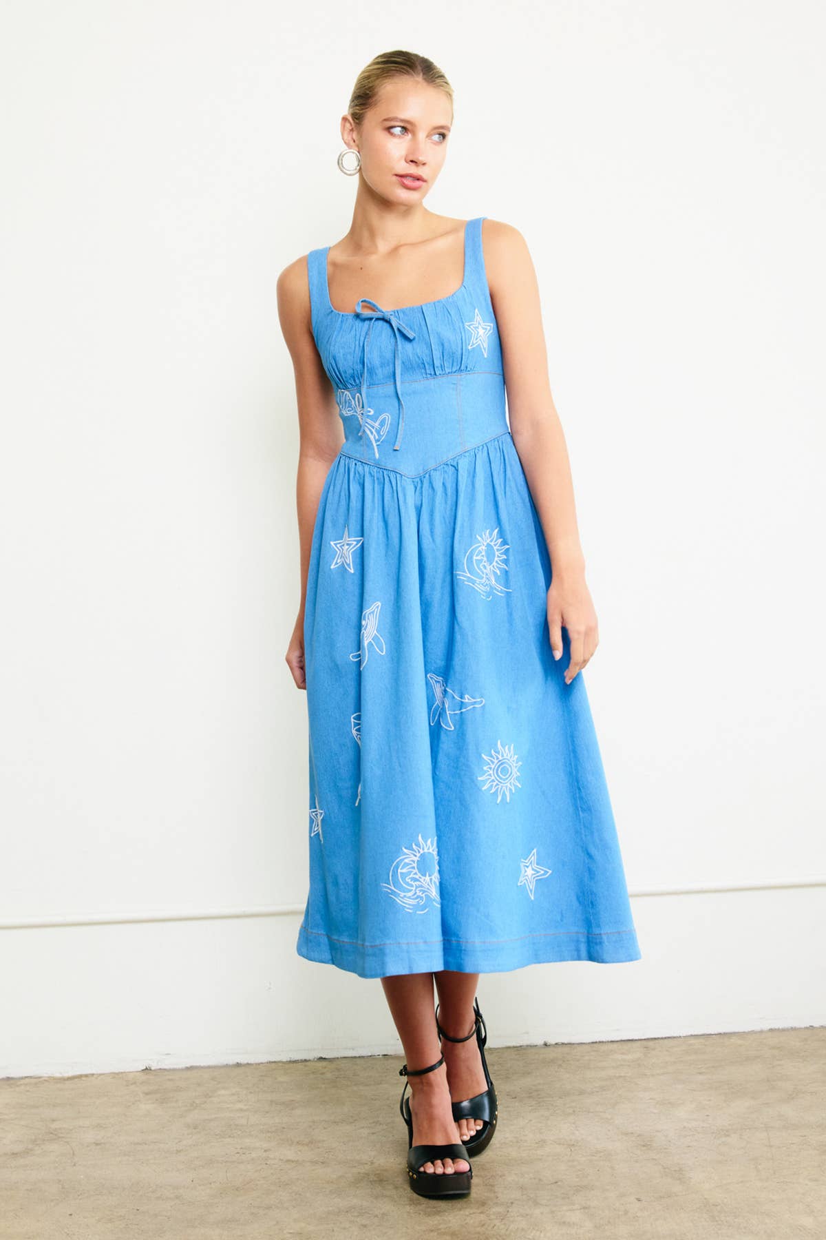 Doodle-Embroidered Denim Sundress