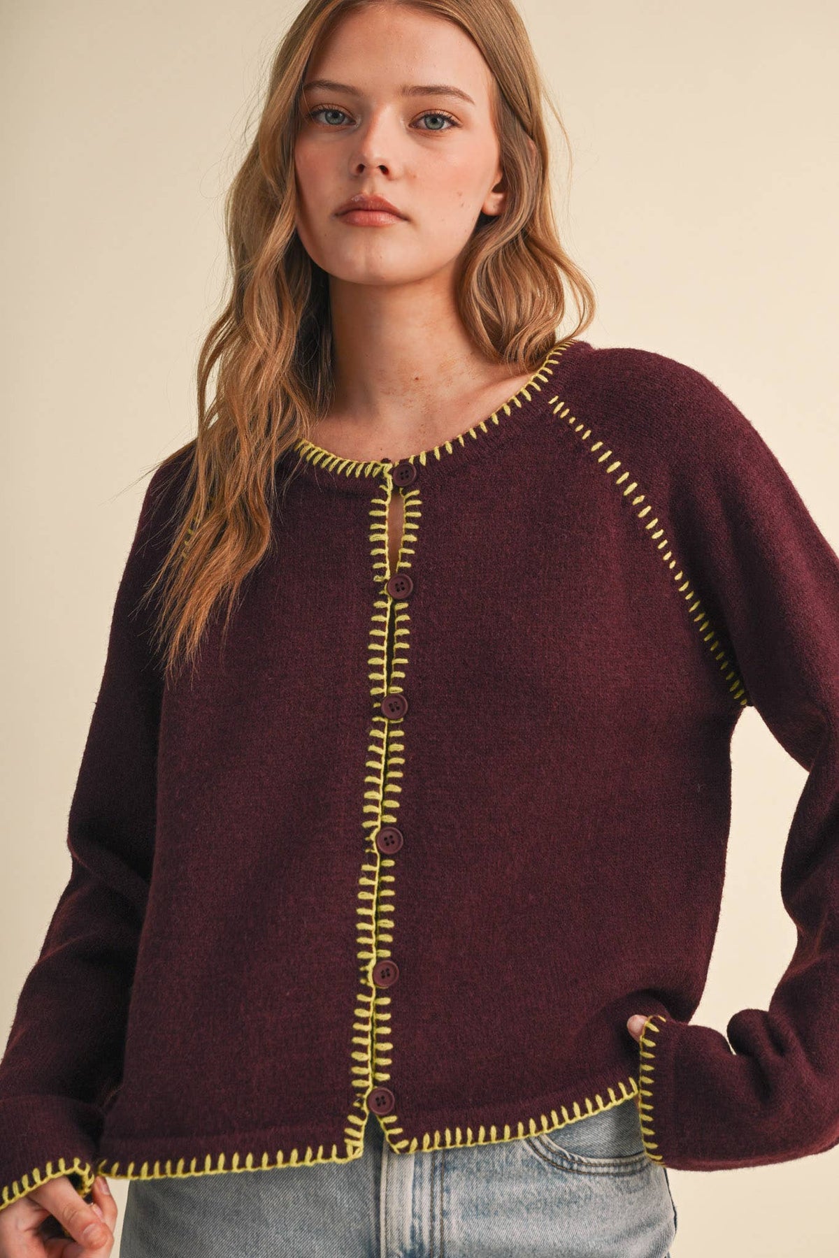 Blanket Stitch Hem Cardi (Eggplant)