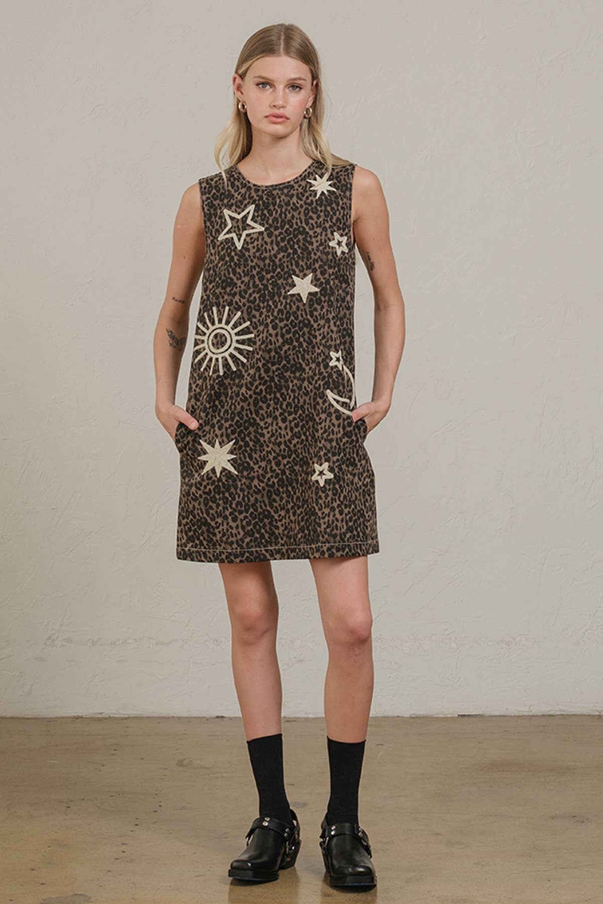 Leopard Print Embroidered Shift Dress