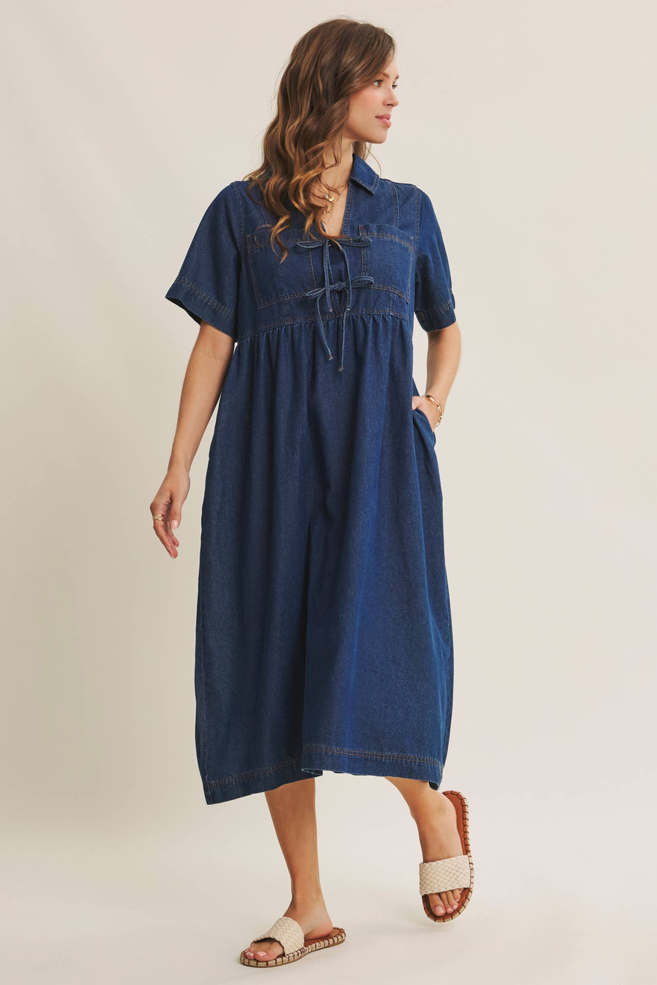 Classic Babydoll Denim Midi Dress