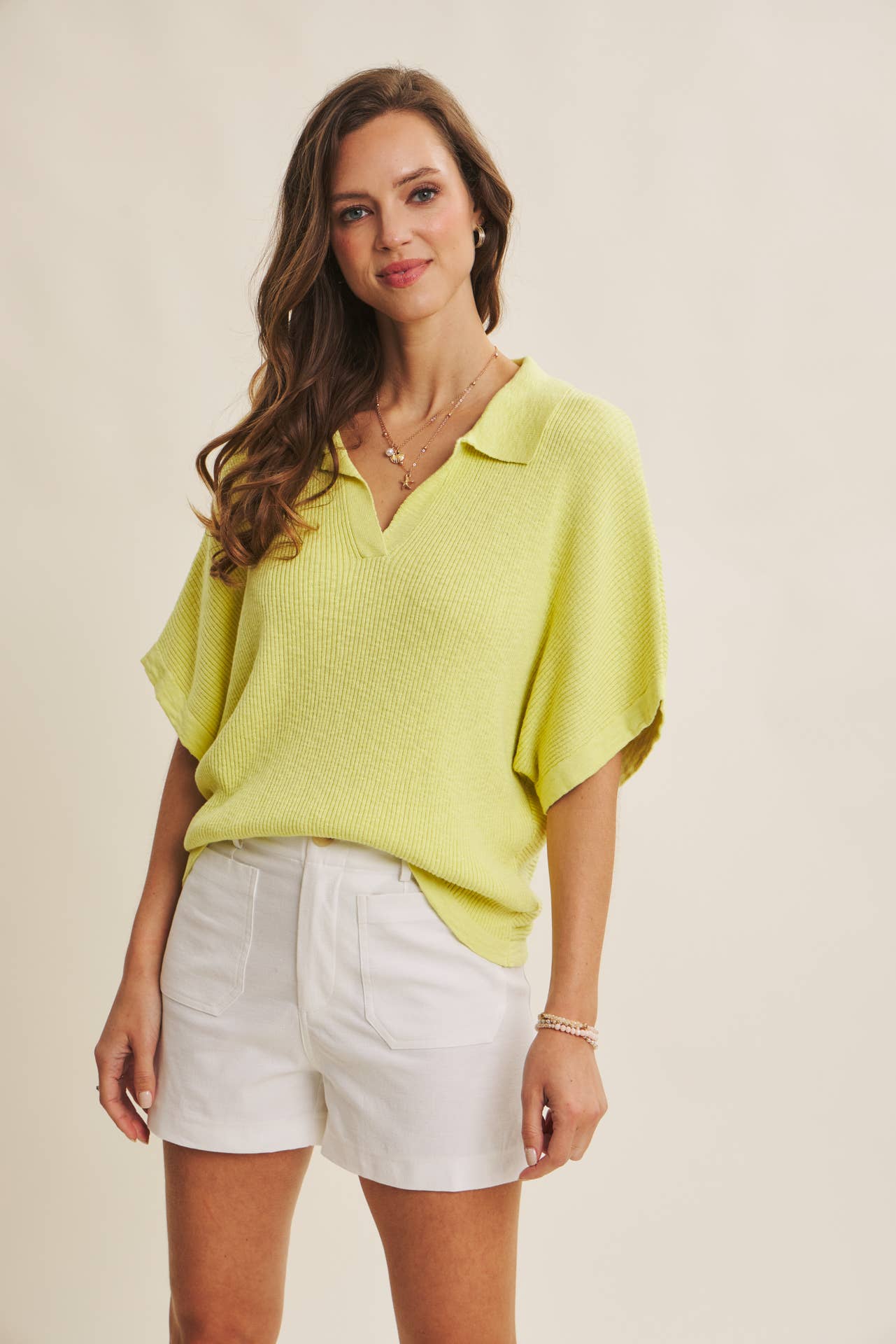 Dolman-Sleeve Polo-Neckline Top (Lime)