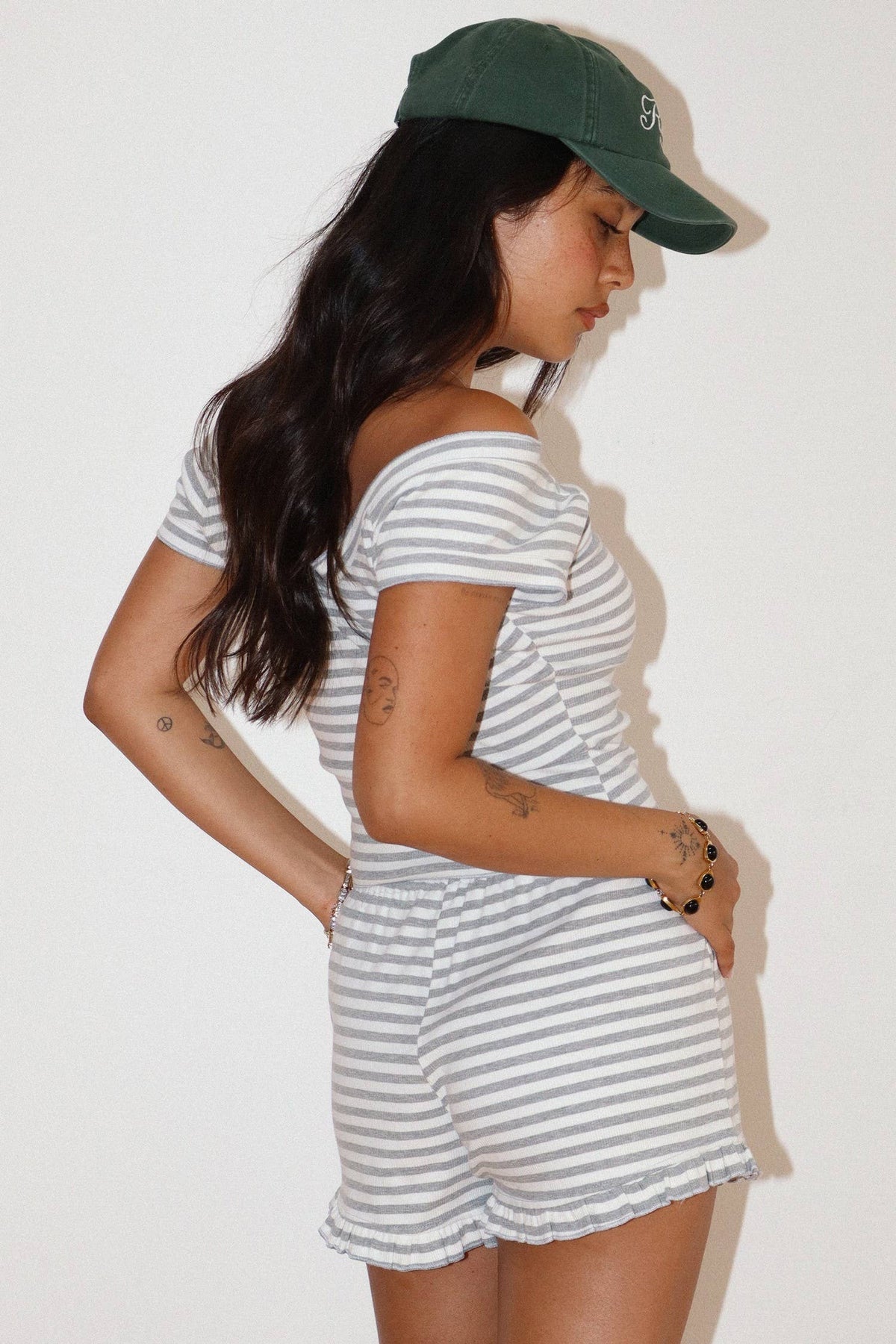 Striped Ruffle Hem Top (Grey)