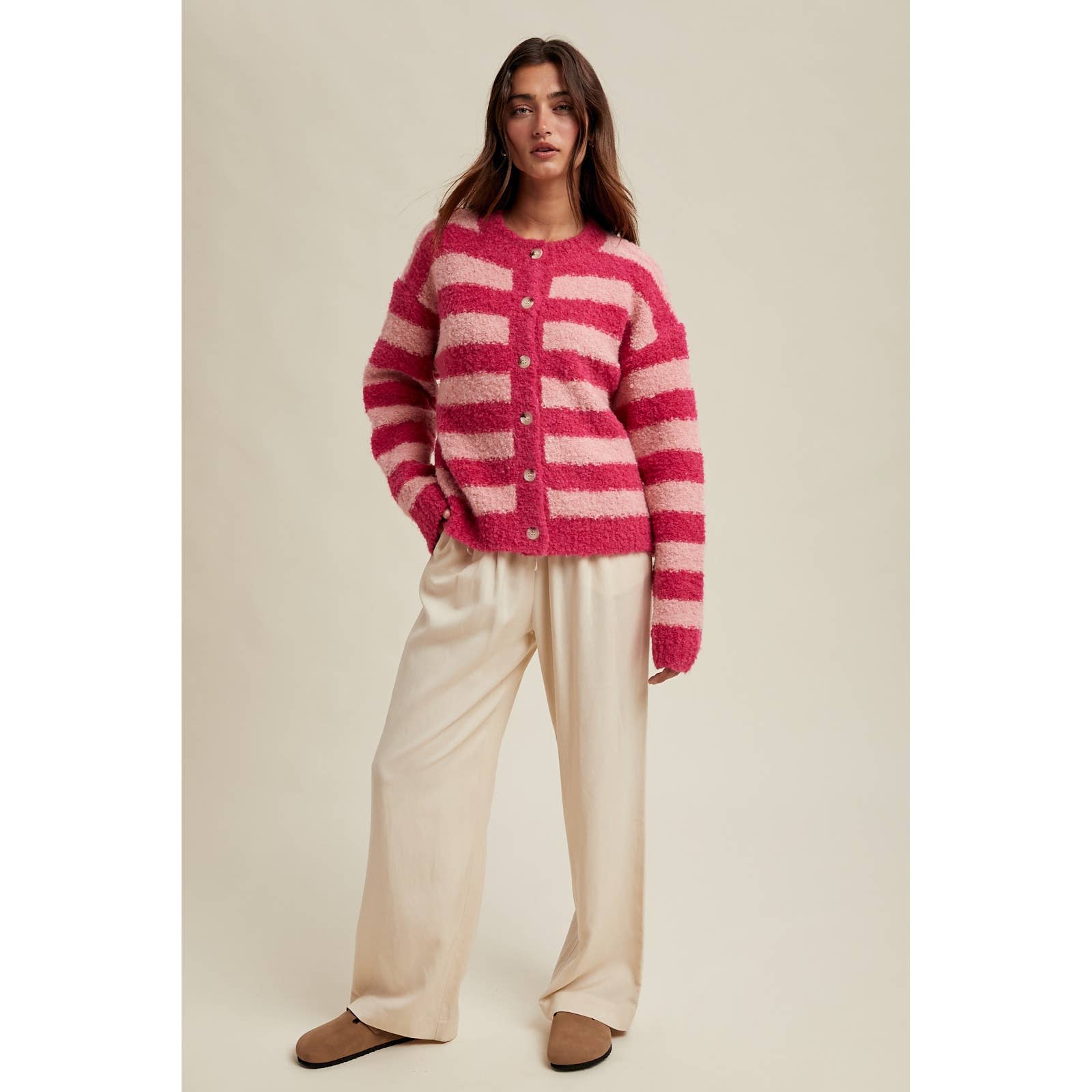 Brushed Soft Striped Cardi (Candy Apple)
