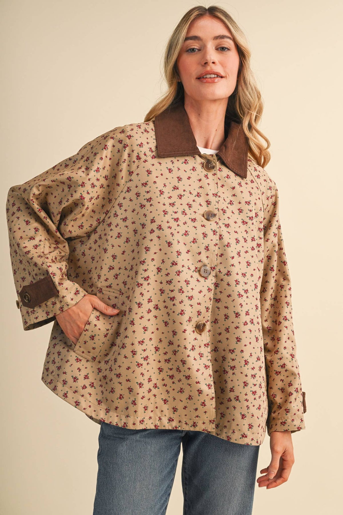 Olivia Floral Swing-Style Barn Jacket (Beige)