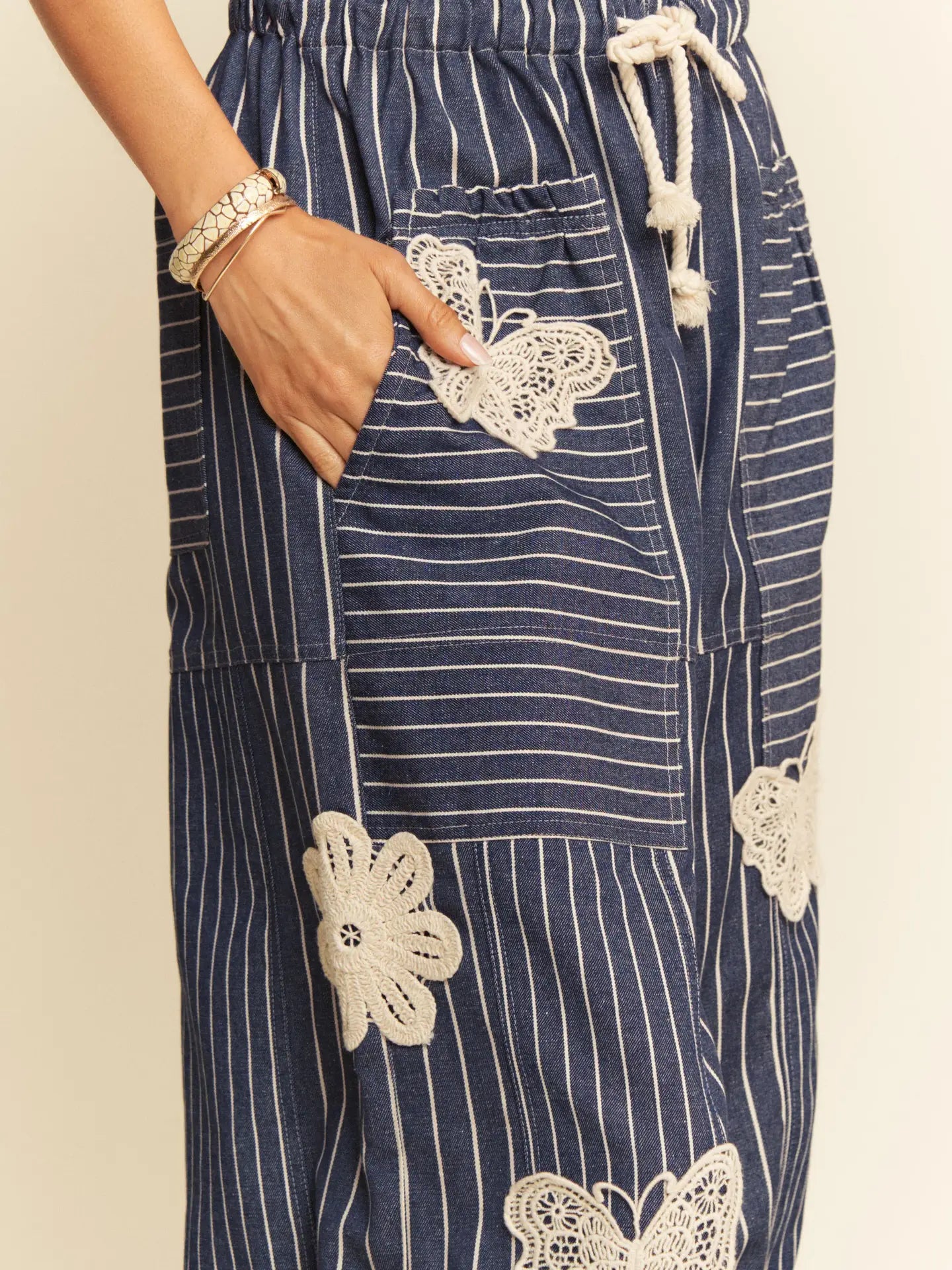 Denim Striped Applique Barrel Pants