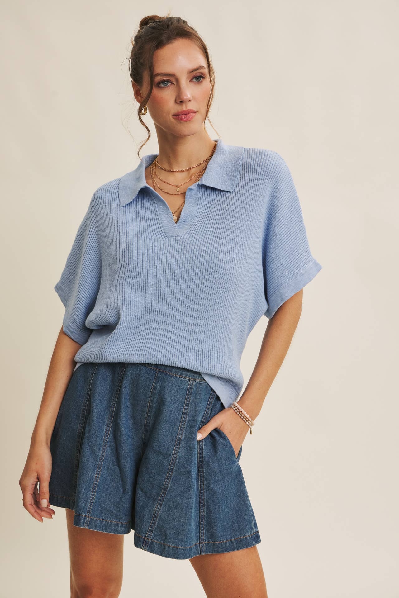 Dolman Sleeve Polo-Neckline Top (Dusty Blue)