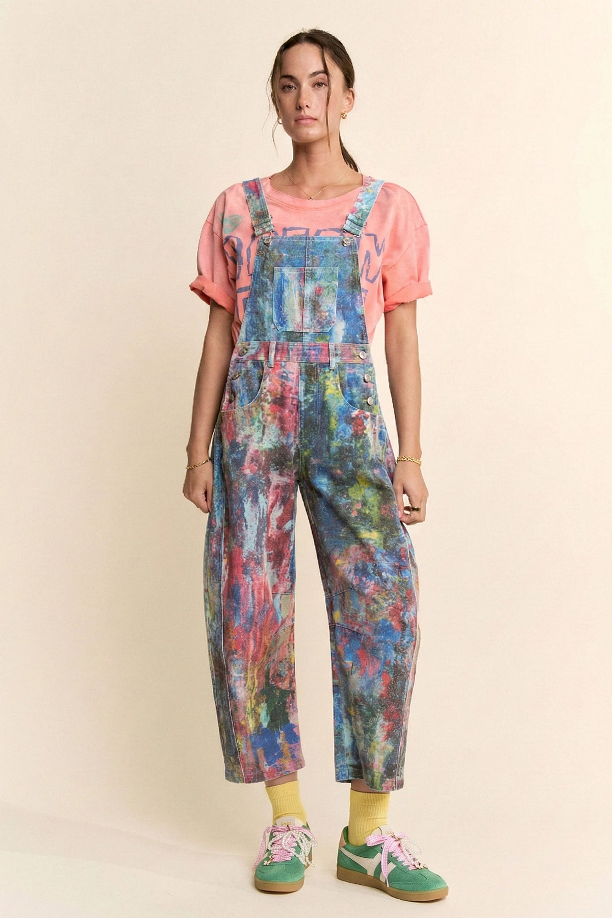 Paint-Printed Barrel Cropped Overalls