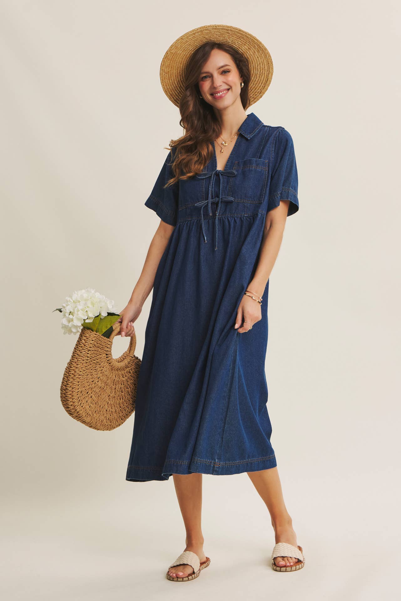 Classic Babydoll Denim Midi Dress