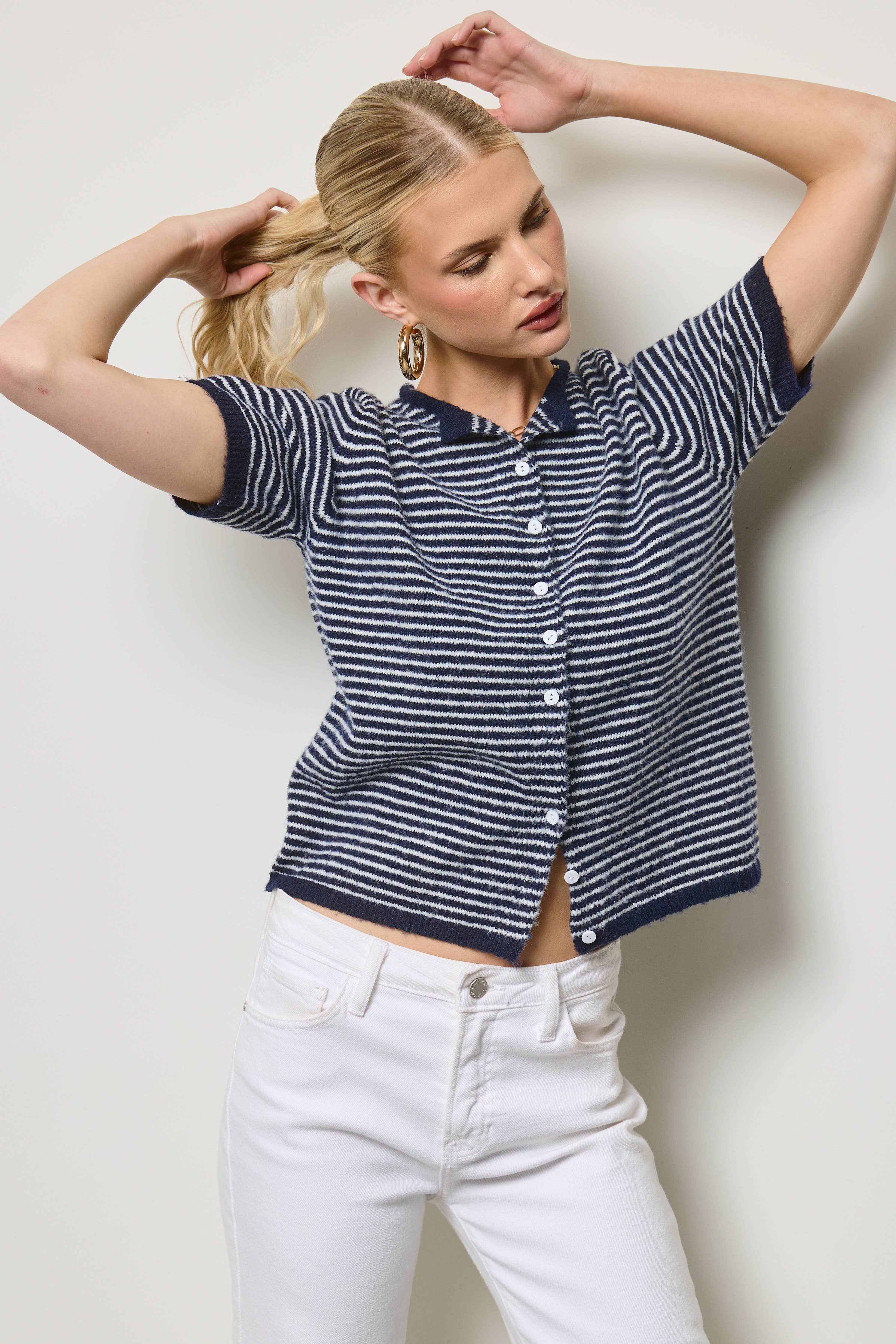 Fuzzy Short-Sleeve Cardigan (Navy)