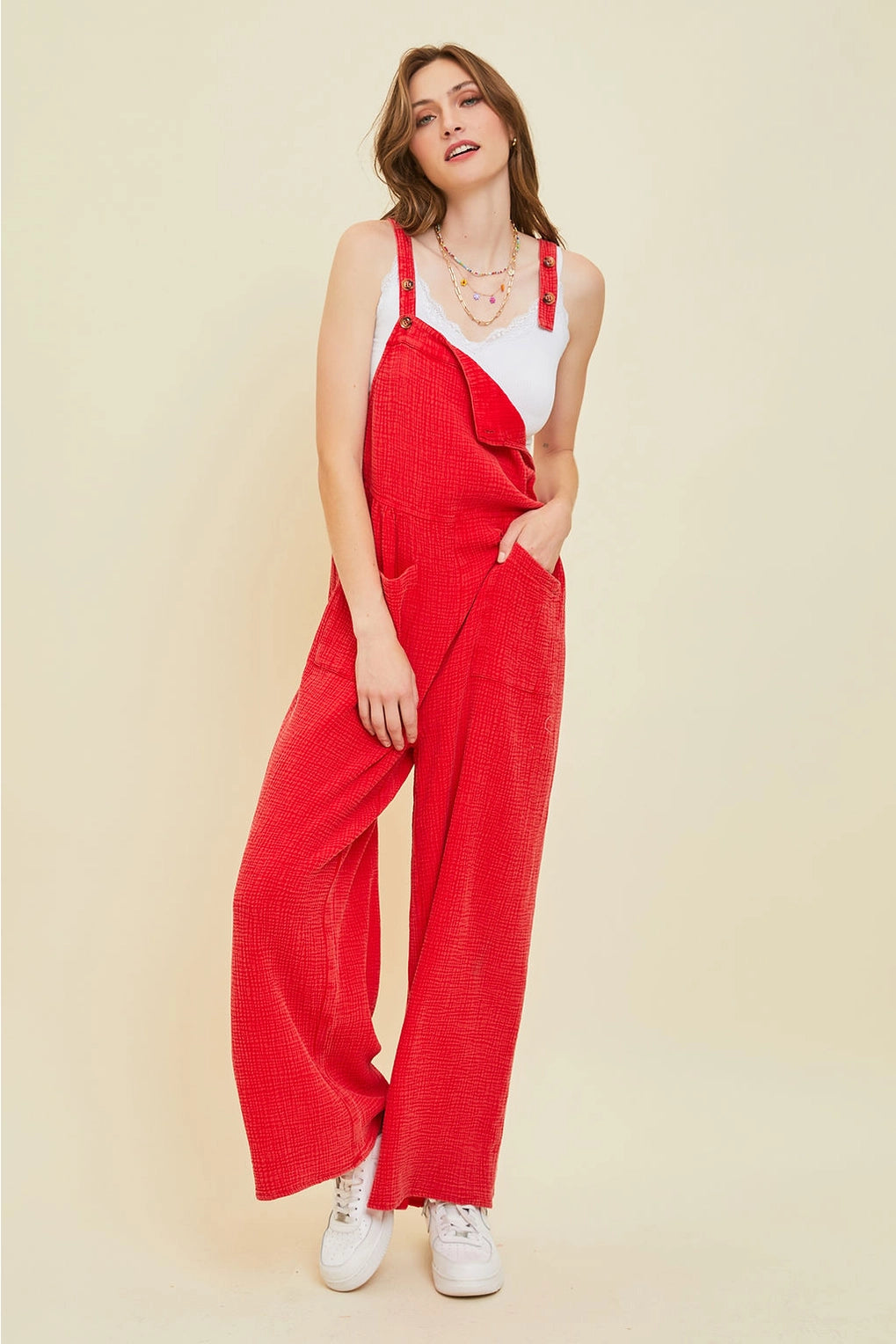 Cherry Gauze Overalls