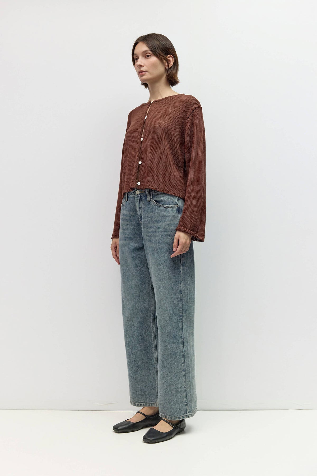 The Morgan Cardigan (Open Button Hole Long Sleeve Cardigan, Brown) | All Row