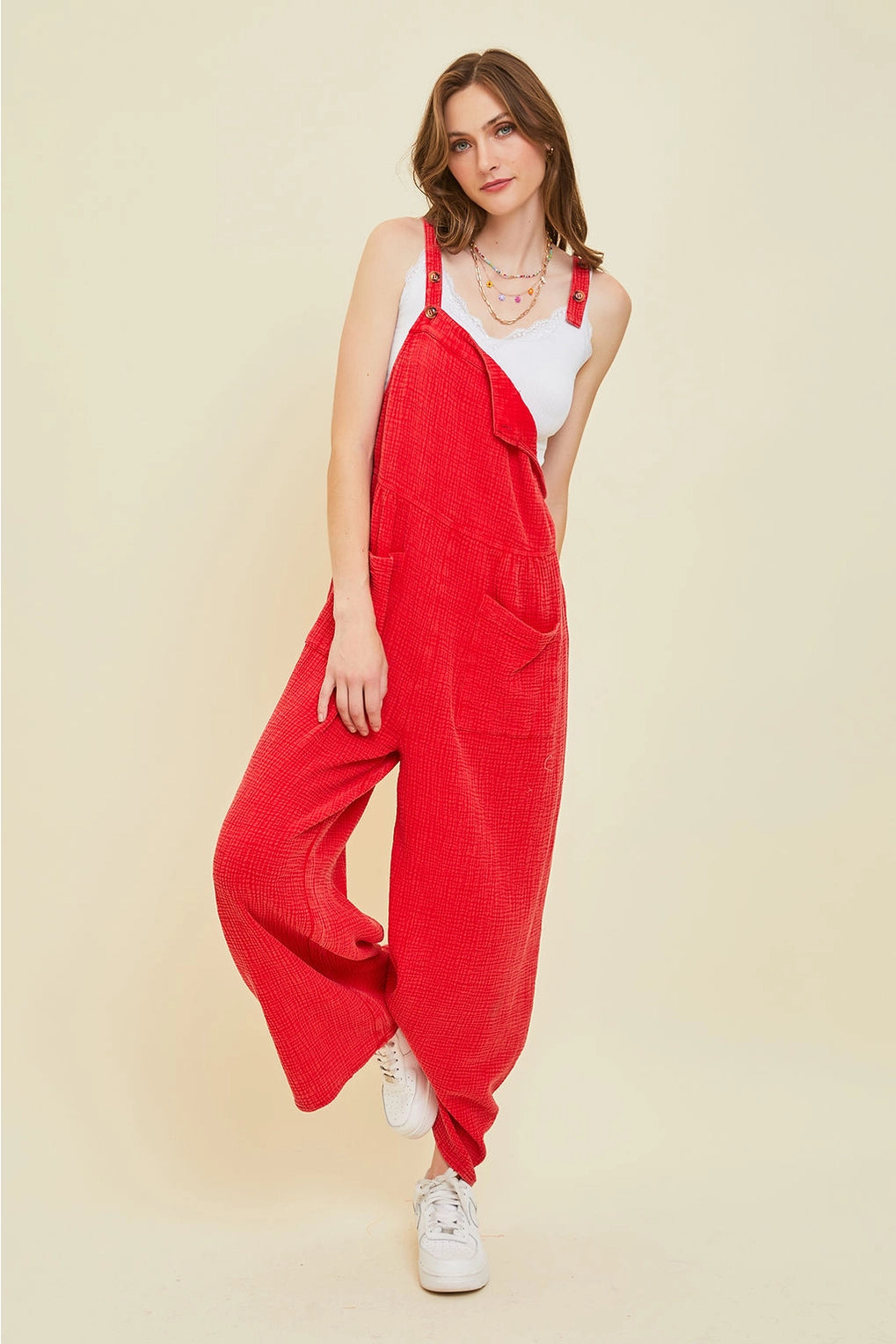 Cherry Gauze Overalls